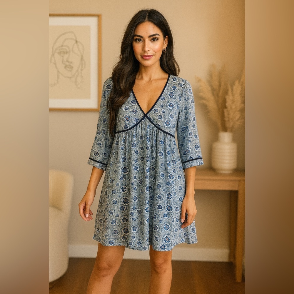 Beau & Ro Curate by Sara Rossi Blue Floral Dress with Blue Trim Size XS